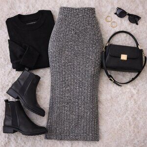 💙Black Bead Gray Ribbed Knit Midi Skirt High Waist Bodycon Sweater Skirt Size M